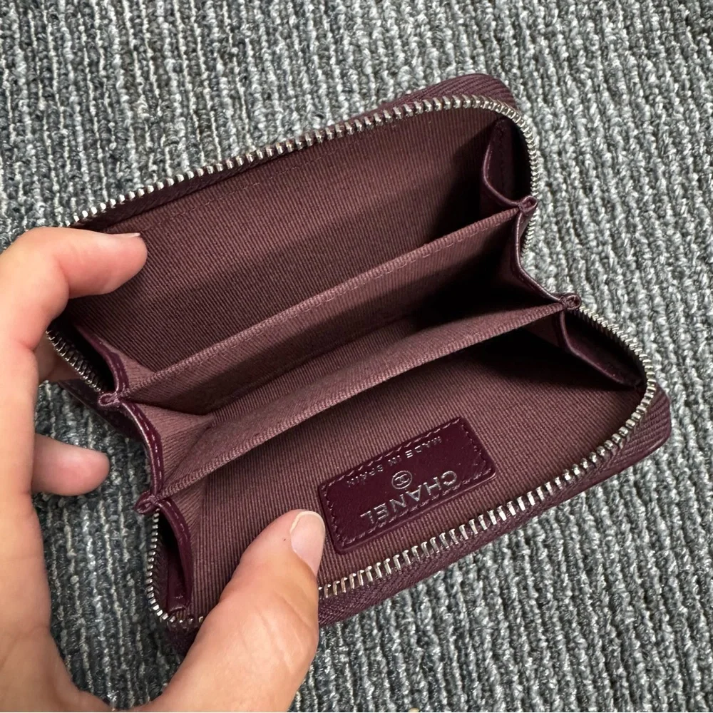 Chanel Dark Burgundy Quilted Wallet Coin Purse with Zip around  CC logo